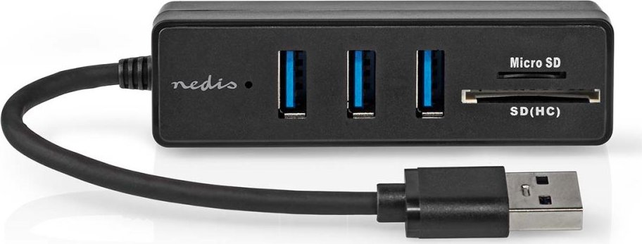 NEDIS USB hub/ zástrčka USB-A zástrčka/ 3x zásuvka USB-A/ 5 Portů/ USB 3.2 Gen 1/ 5 Gbps/ SD & MicroSD/ černý/ blistr