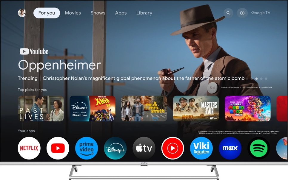 STRONG SMART QLED TV 55"/ SRT55UG8773C/ UHD/ 3840x2160/ DVB-T2/C/S2/ H.265/HEVC/ 4xHDMI/ 2xUSB/ Wi-Fi/ LAN/ G/ ANDROID14