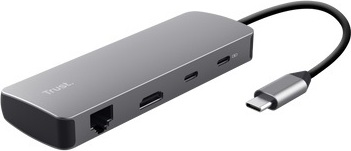 TRUST Dokovací stanice DALYX USB-C, 8v1, HDMI, RJ45, 2xUSB-C, 2xUSB-A, microSD/SD karta, šedá