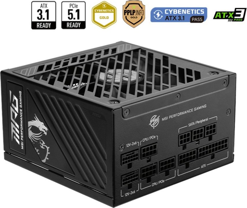 MSI zdroj MPG A1250GS PCIE5/ 1250W/ ATX3.1/ akt. PFC/ 10 let celk. záruka/ 135mm fan/ modulární kabeláž/ 80PLUS Gold