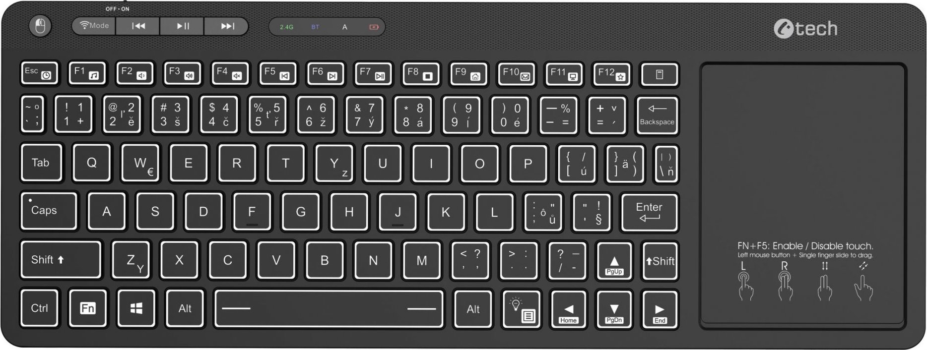 C-TECH Klávesnice WLTK-03, Bezdrátová, Touchpad, černá