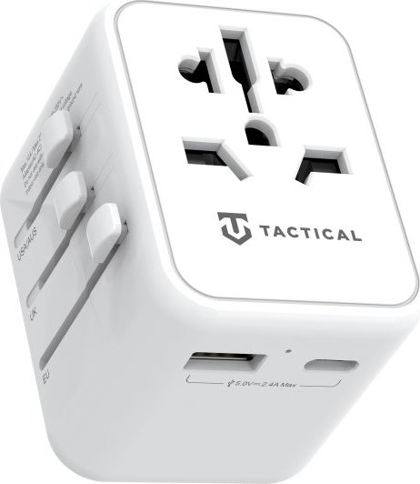 Tactical cestovní adaptér pro EU/UK/USA/JAP/AUS/CNY, 1x USB-C + 1x USB A, 12W, bílá