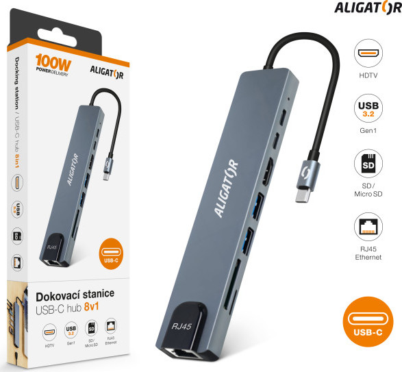 Aligator Dokovací stanice USB-C / Hub 8v1 (USB-C / 2xUSB / SD / MicroSD/ HDTV / RJ45)