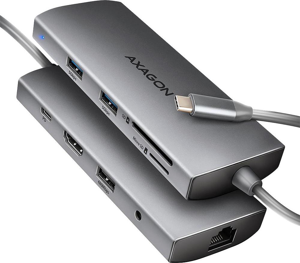 AXAGON HMC-8HLSA, USB 5Gbps hub, 3x USB-A, HDMI 4k/60Hz, RJ-45 GLAN, SD/microSD, audio, PD 100W, kabel USB-C 20cm