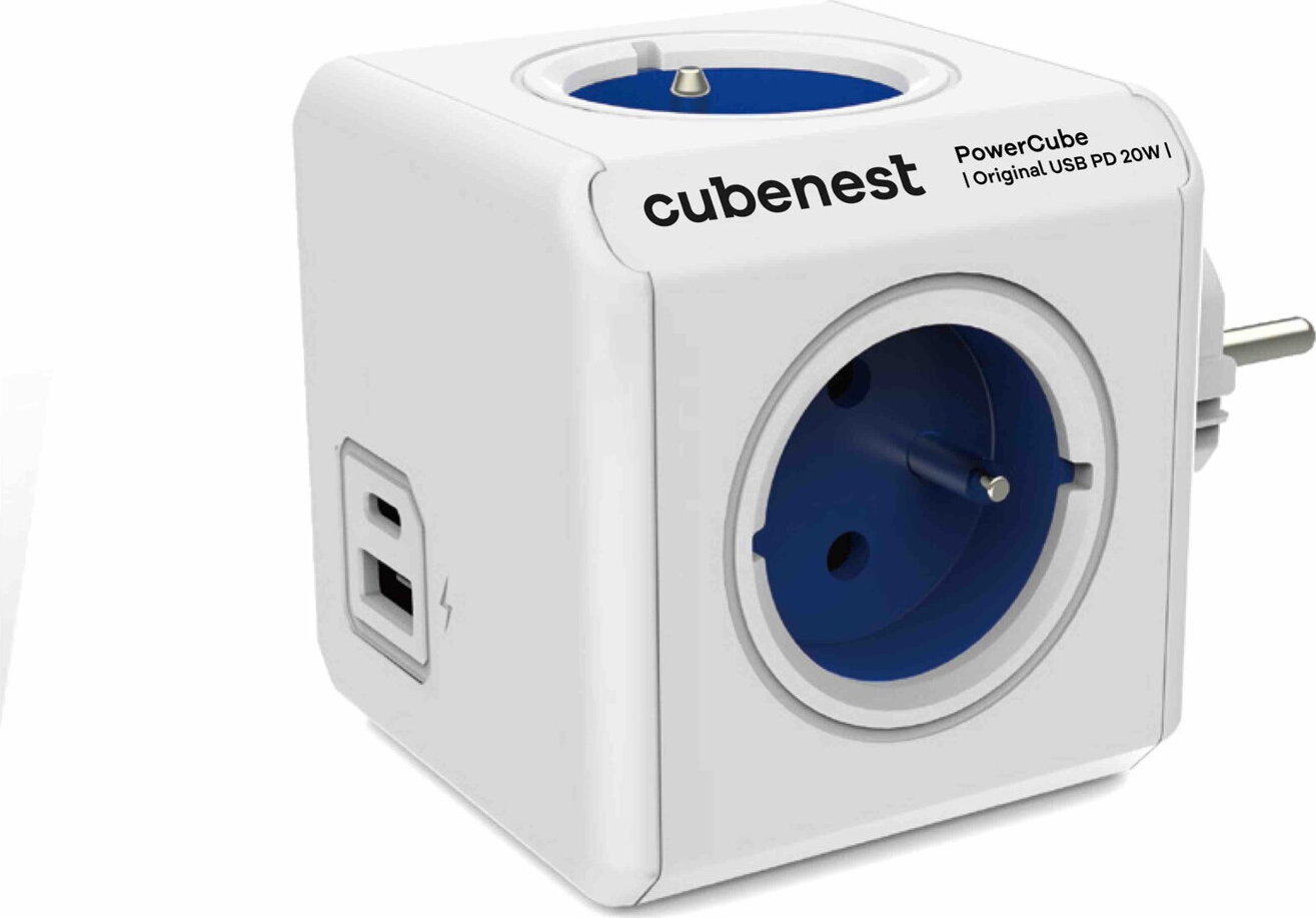Cubenest Powercube Original USB PD 20W, A+C, 4× zásuvka, bílá/modrá, dětská pojistka, uzemnění, max. 16A/250V~3680W