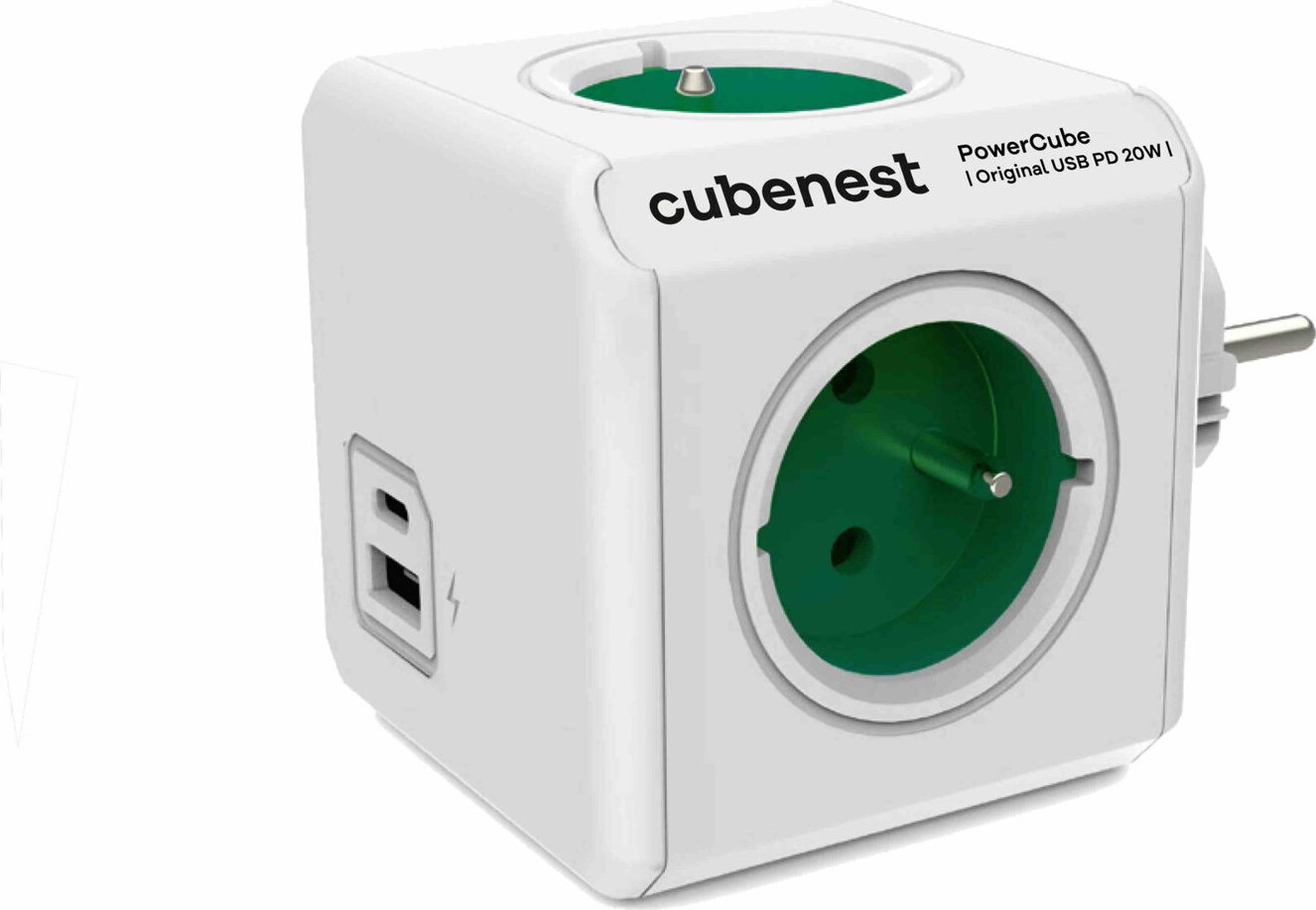 Cubenest Powercube Original USB PD 20W, A+C, 4× zásuvka, bílá/zelená, dětská pojistka, uzemnění, max. 16A/250V~3680W