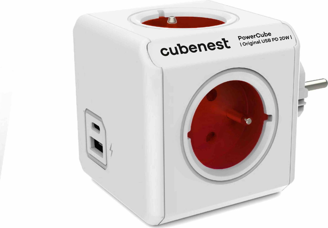 Cubenest Powercube Original USB PD 20W, A+C, 4× zásuvka, bílá/červená, dětská pojistka, uzemnění, max. 16A/250V~3680W