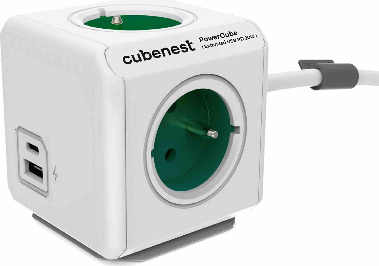 Cubenest Powercube Extended USB PD 20W, A+C, 4× zásuvka, 1,5m, bílá/zelená, dětská pojistka, uzemnění, dok, 10A/250V