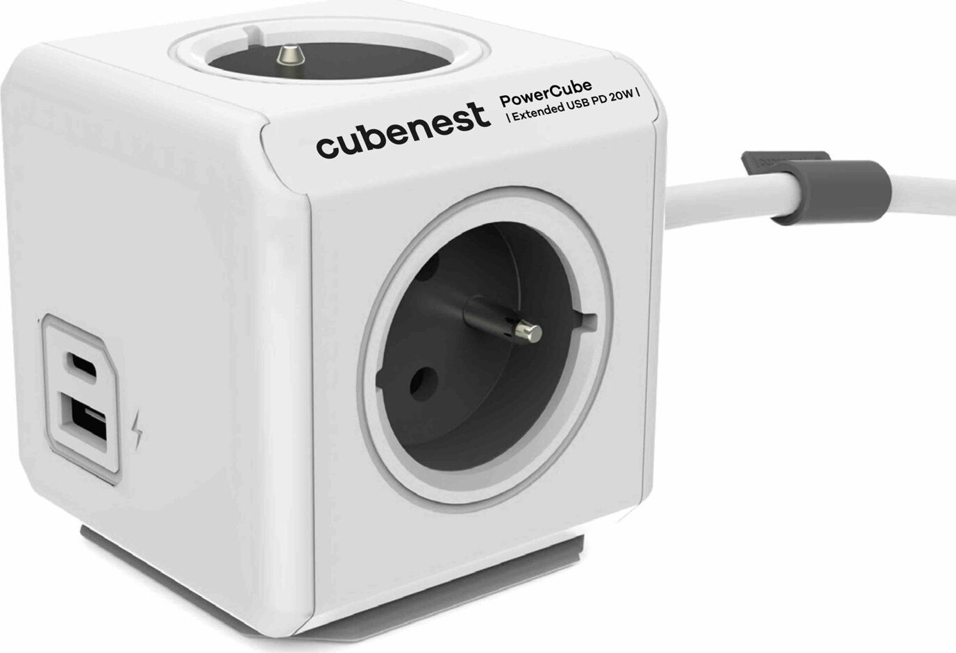 Cubenest Powercube Extended USB PD 20W, A+C, 4× zásuvka, 1,5m, bílá/šedá,  dětská pojistka, uzemnění, dok, 10A/250V