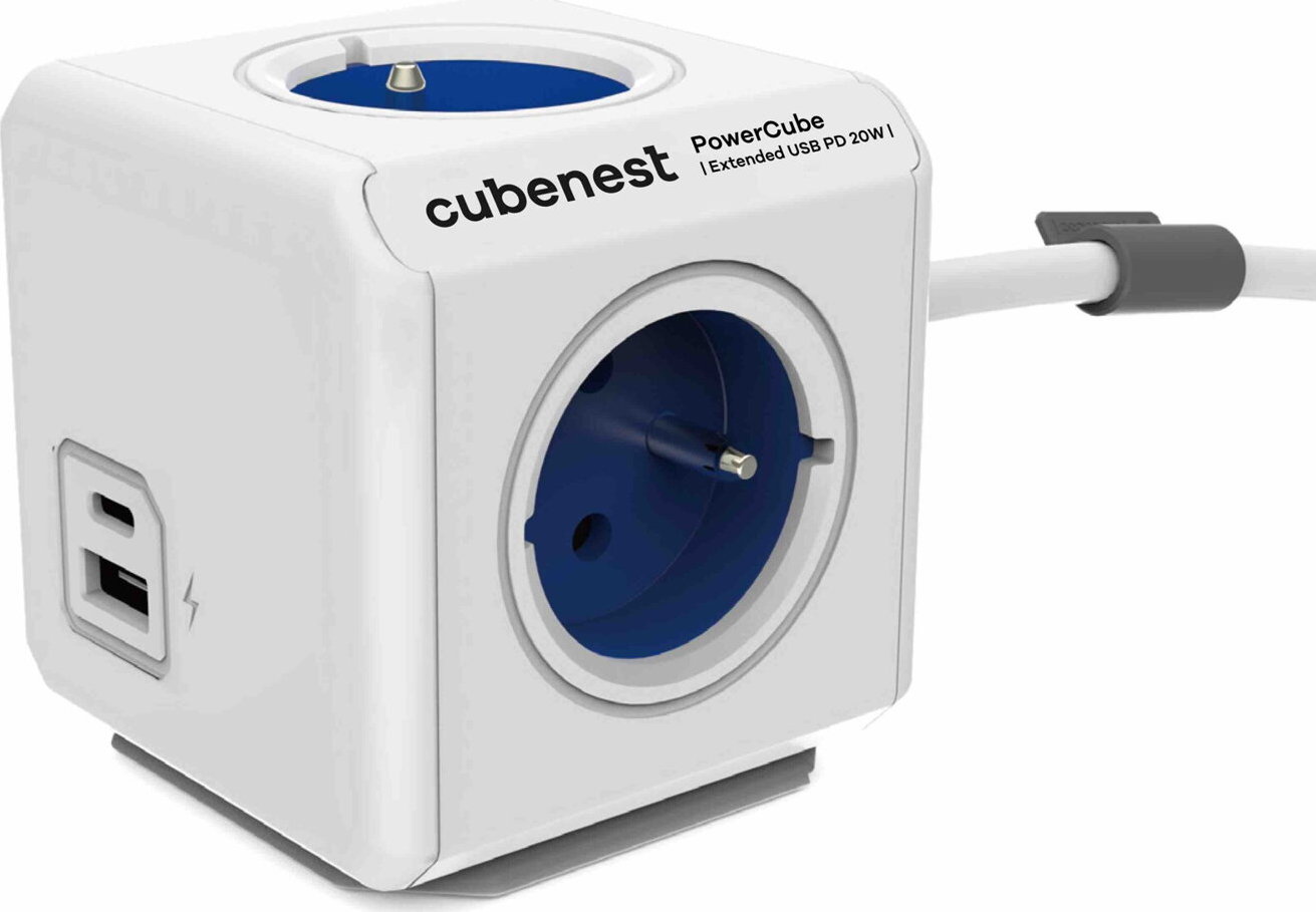 Cubenest Powercube Extended USB PD 20W, A+C, 4× zásuvka, 1,5m, bílá/modrá, dětská pojistka, uzemnění, dok, 10A/250V