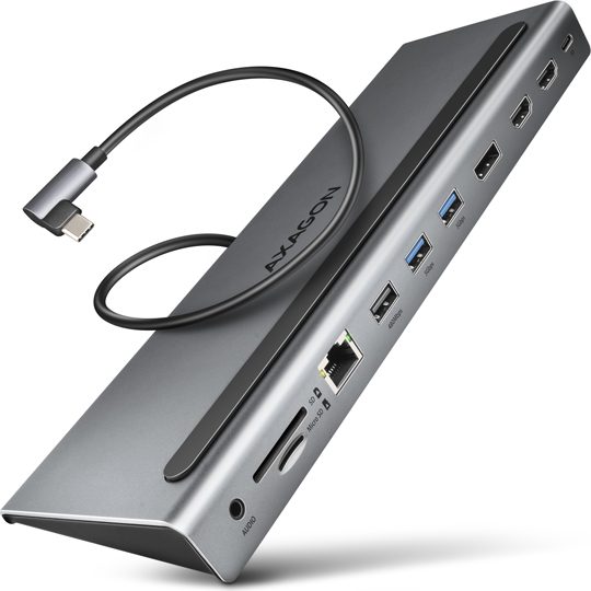 AXAGON HMC-4KX3 USB 5Gbps hub, 3x USB-A, 2x HDMI, DP, RJ-45 GLAN, SD/microSD, audio, PD 100W, kabel USB-C 40cm
