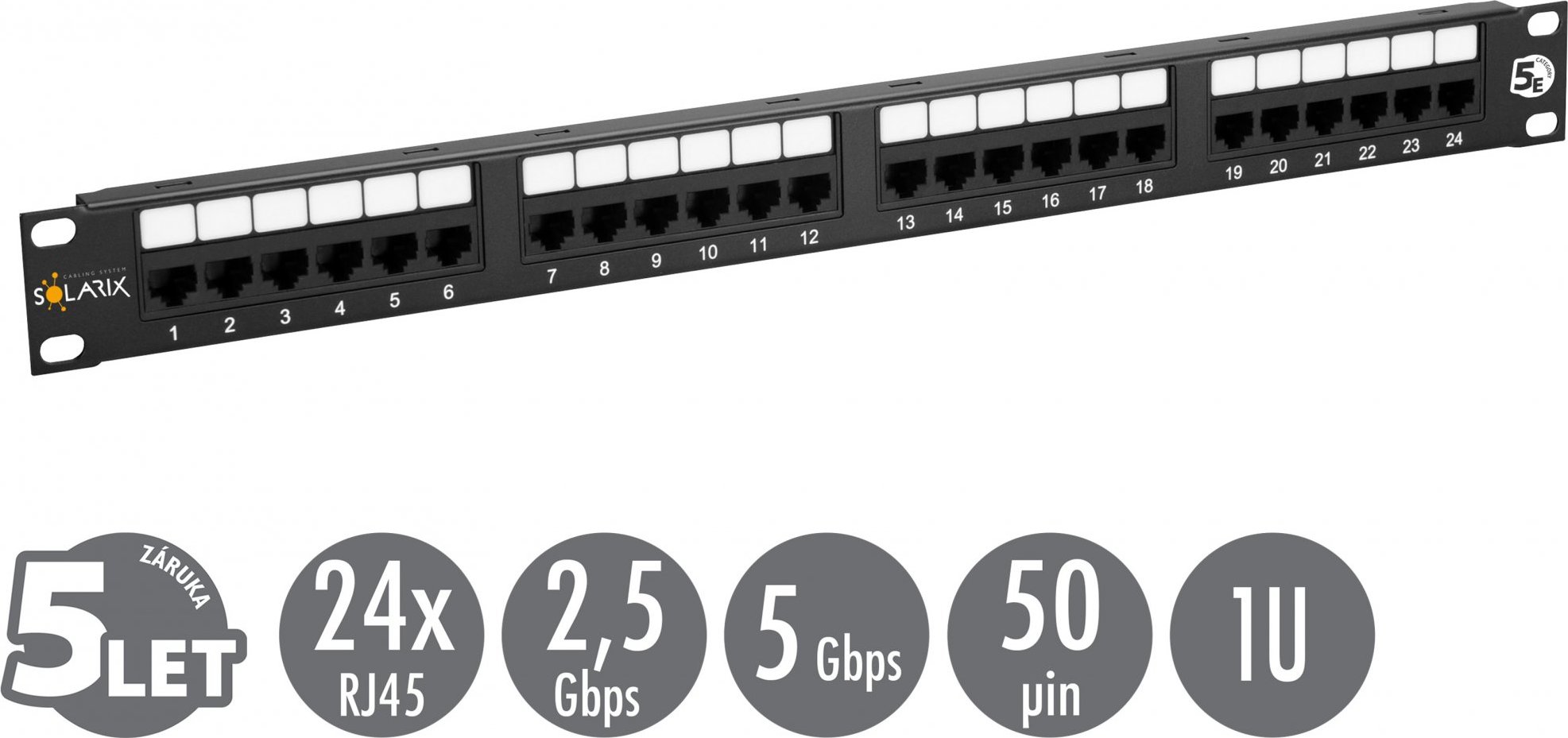 19" patch panel Solarix 24 x RJ45 CAT5E UTP 150 MHz černý 1U SX24-5E-UTP-BK