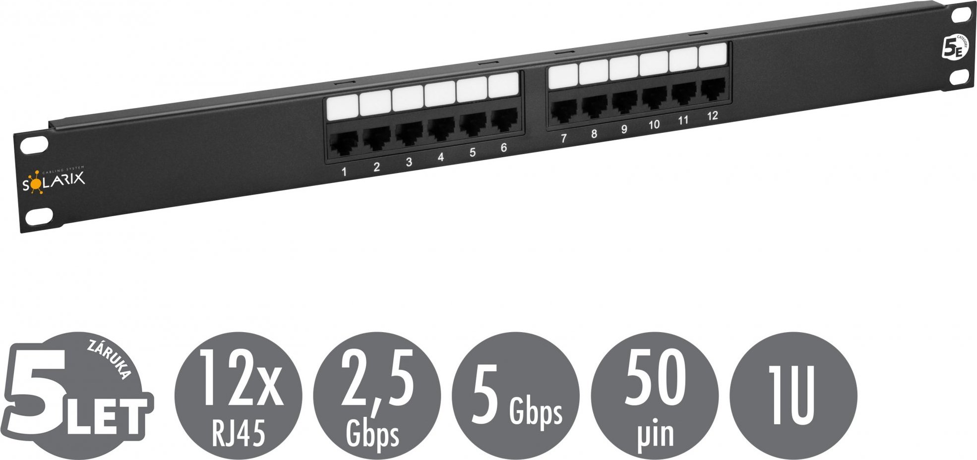 19" patch panel Solarix 12 x RJ45 CAT5E UTP 150 MHz černý 1U SX12-5E-UTP-BK
