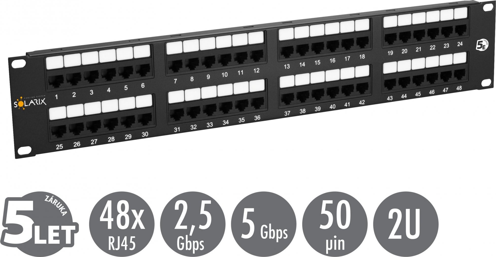 19" patch panel Solarix 48 x RJ45 CAT5E UTP 150 MHz černý 2U SX48-5E-UTP-BK