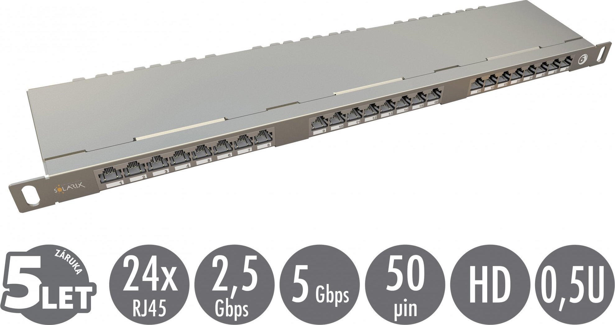 19" patch panel Solarix 24xRJ45 CAT6 STP s vyvazovací lištou 0,5U SX24HD-6-STP-SL