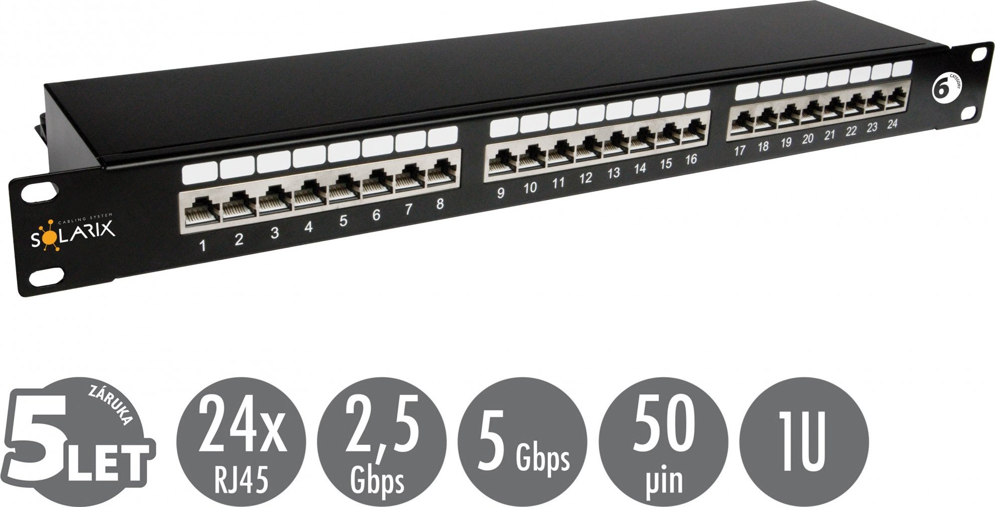 19" patch panel Solarix 24 x RJ45 CAT6 STP černý 1U SX24-6-STP-BK
