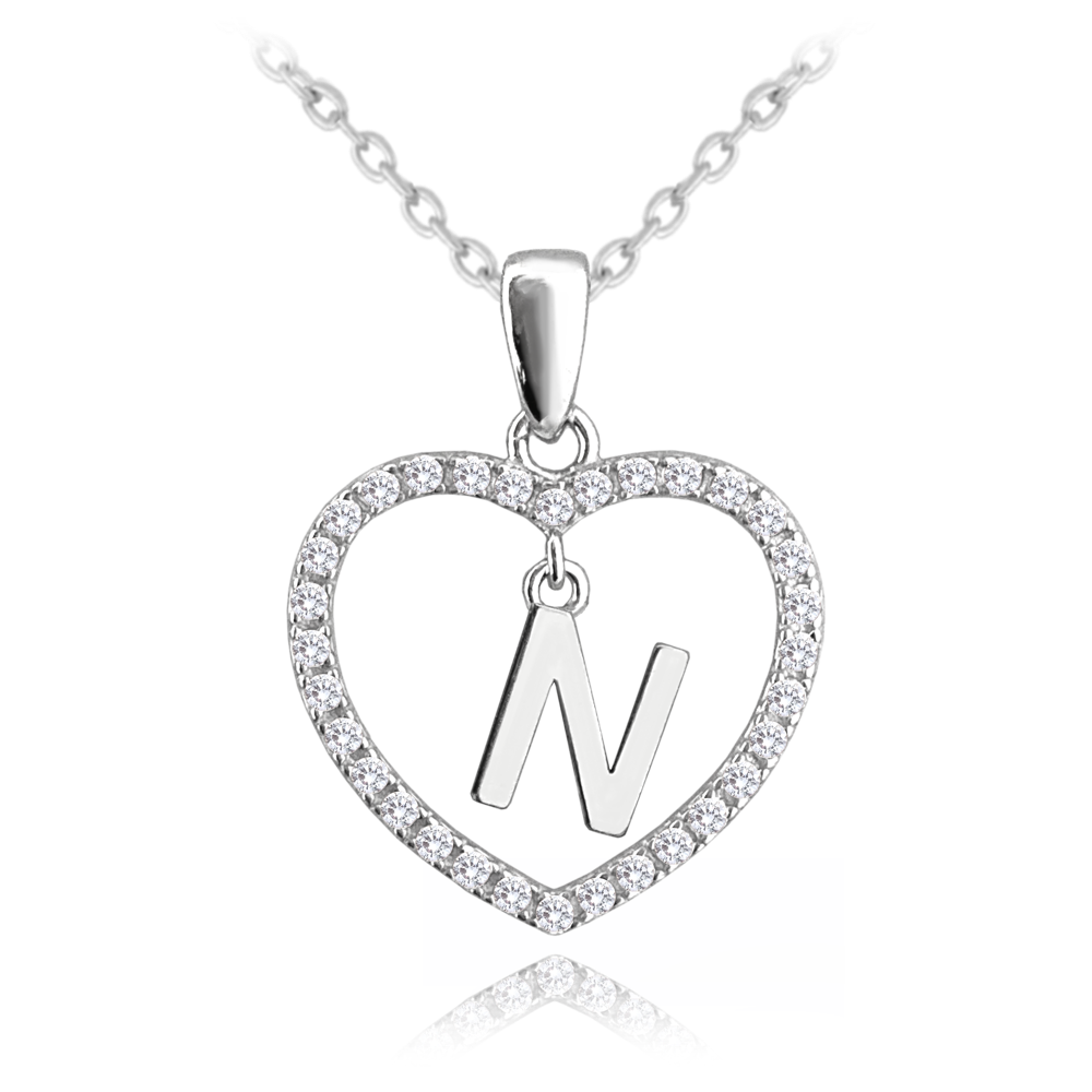 Stříbrný náhrdelník MINET písmeno N v srdíčku se zirkony JMAS900NSN45