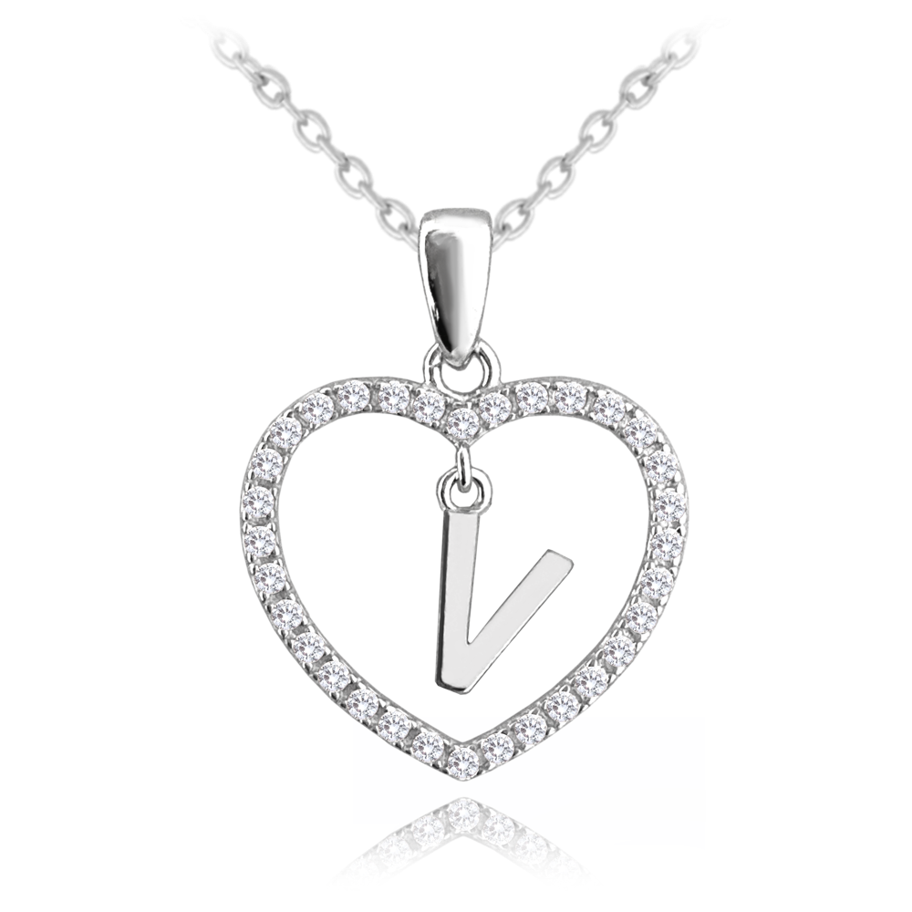 Stříbrný náhrdelník MINET písmeno V v srdíčku se zirkony JMAS900VSN45