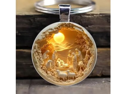 Přívěsek na klíče s 3D lupou nad grafikou - narození Ježíše