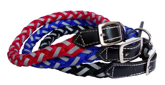 Obojek nylon splétaný reflexní s kůží 11mm x 50cm