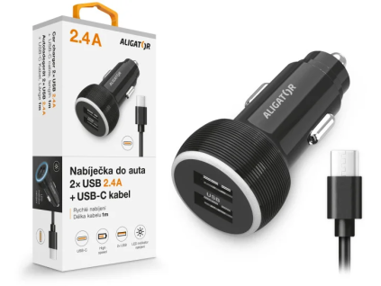 nabijecka do auta aligator s usb c kabelem a 2xusb vystupem 2 4a cerna ien536650