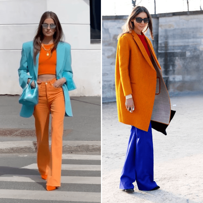 ako nosit a kombinovat oranzovu, oranzova outfit, ake farby sa hodia k oranzovej