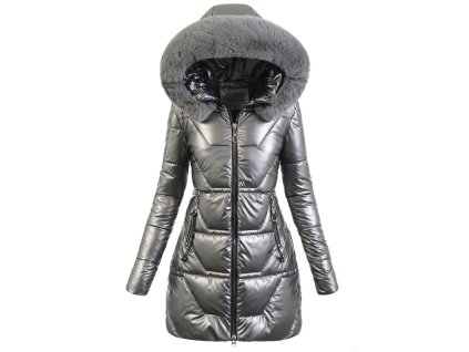 Dámska dlhá zimná bunda s kapucňou 7133 strieborná