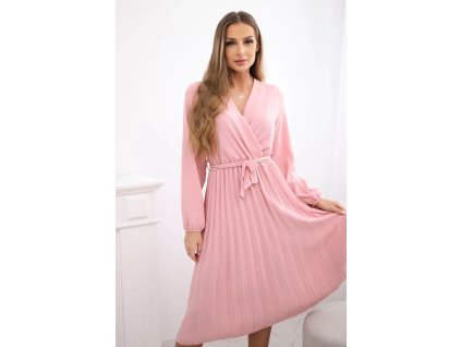 Elegantné dámske plisované šaty Berenie tmavá púdrová ružová - midi šaty do práce, na svadbu čina prvé rande