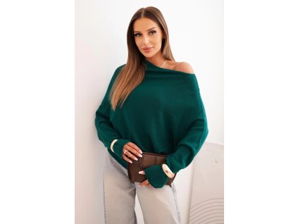 dámsky sveter Agnes zelený-oversize pulover v asymetricom strihu