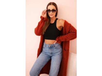 dámsky dlhý sveter Oliza tehlový-dlhý kardigan do mnohých outfitov
