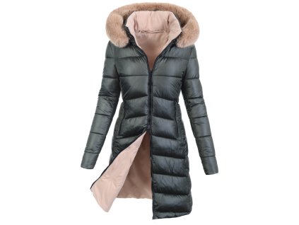 obojstranná dámska zimná bunda Lora zelená- elegantná dlhá zimná bunda s kapucňou