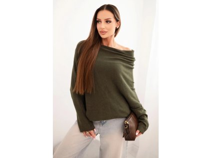 dámsky sveter Agnes kaki-oversize pulover v asymetricom strihu