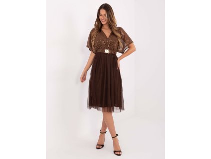 dámske elegantné šaty Holly hnedé-áčkové spoločenské midi šaty s flitrami