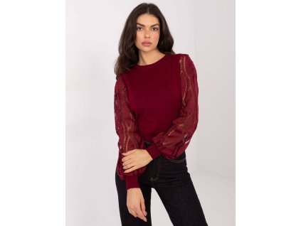 dámsky sveter Grega bordový-elegantný pulover s čipkovanými rukávmi