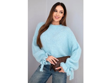 Dámsky sveter Volar modrý- objemný oversize sveter s volánom na rukáve
