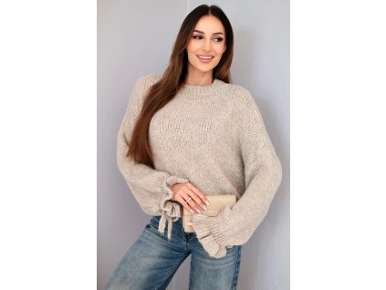 Dámsky sveter Volar bledohnedý- objemný oversize sveter s volánom na rukáve