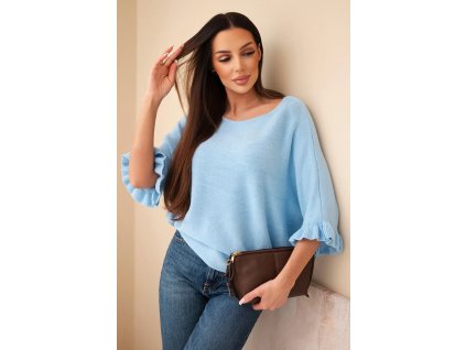 Dámsky sveter s krátkym rukávom Uršula bledomodrý- štýlový pulover s netopierými rukávmi