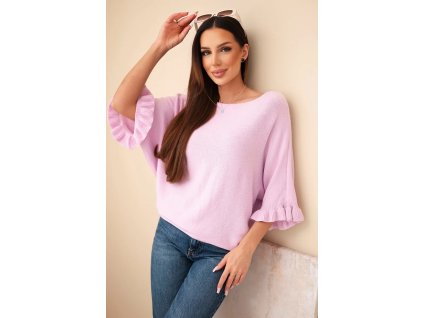 Dámsky sveter s krátkym rukávom Uršula bledofialový- štýlový pulover s netopierými rukávmi