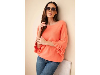 Dámsky sveter s krátkym rukávom Uršula marhuľový- štýlový pulover s netopierými rukávmi
