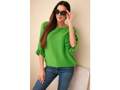 Dámsky sveter s krátkym rukávom Uršula zelený- štýlový pulover s netopierými rukávmi