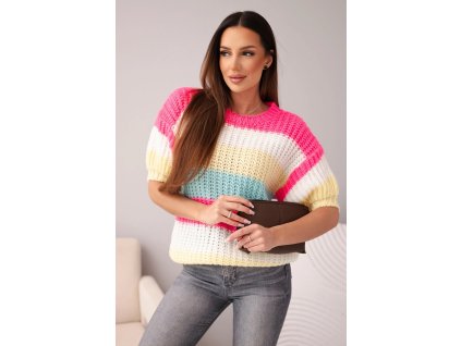 dámsky pruhovaný sveter Alla fuksia- štýlový pulover s krátkymi rukávmi