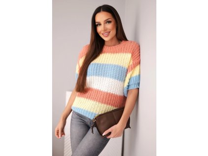 dámsky pruhovaný sveter Alla oranžový- štýlový pulover s krátkymi rukávmi