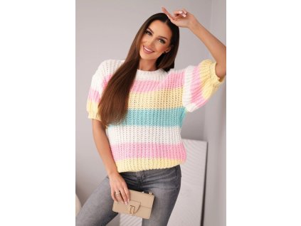 dámsky pruhovaný sveter Alla smotanový- štýlový pulover s krátkymi rukávmi