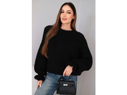 Dámsky sveter Volar čierny- objemný oversize sveter s volánom na rukáve