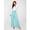 Dámske elegantné nohavice Elison tyrkysové -široké nohavice s vysokým pásom a kvetinovým opaskom