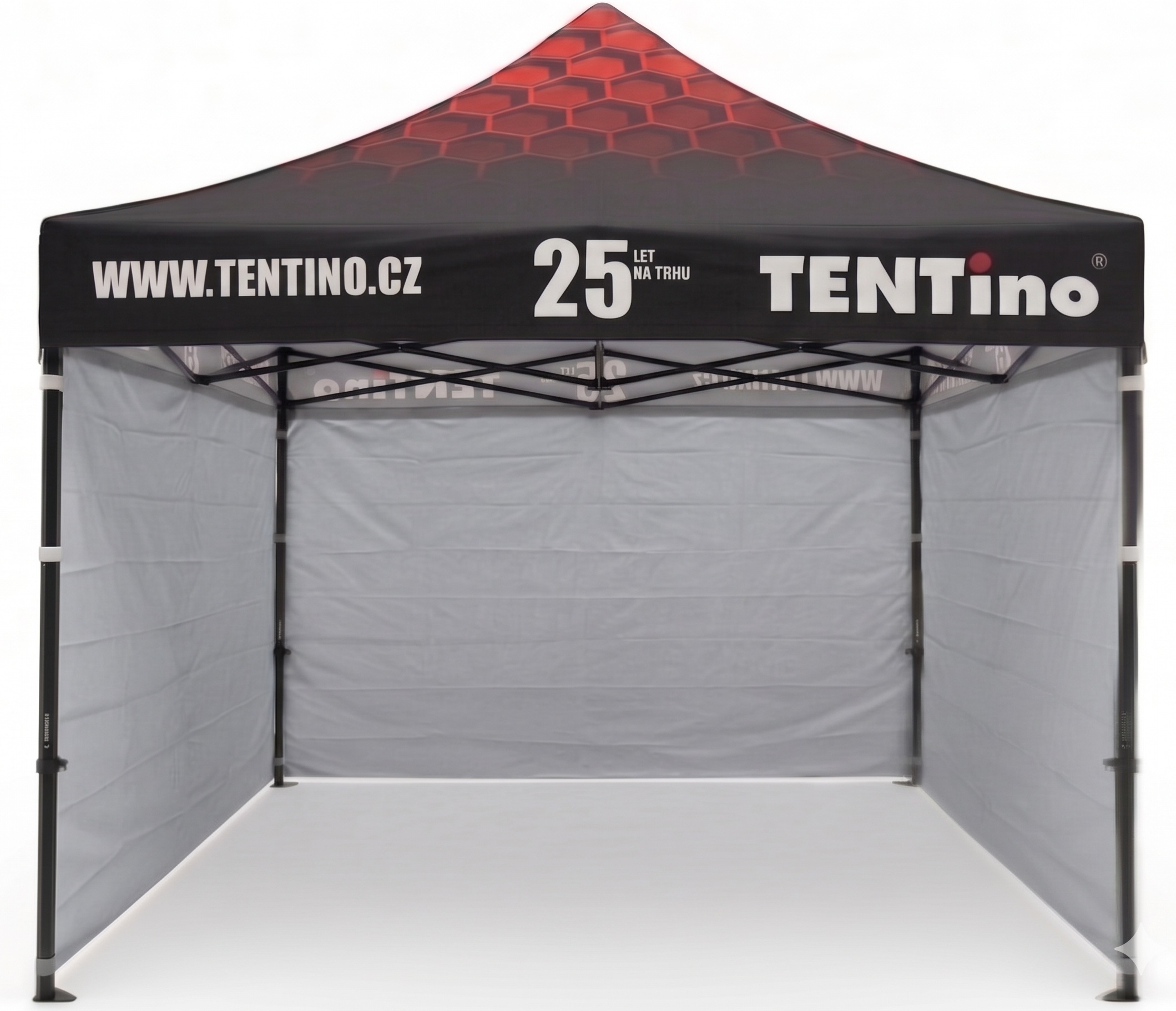 Nůžkový stan 3x3m STEEL HEXAGON – Limitovaná edice 25 let + potisk Barva opláštění (Zvolte variantu): 5A - ŠEDÁ, Počet bočních plachet: konstrukce + střecha + 1x boční strana