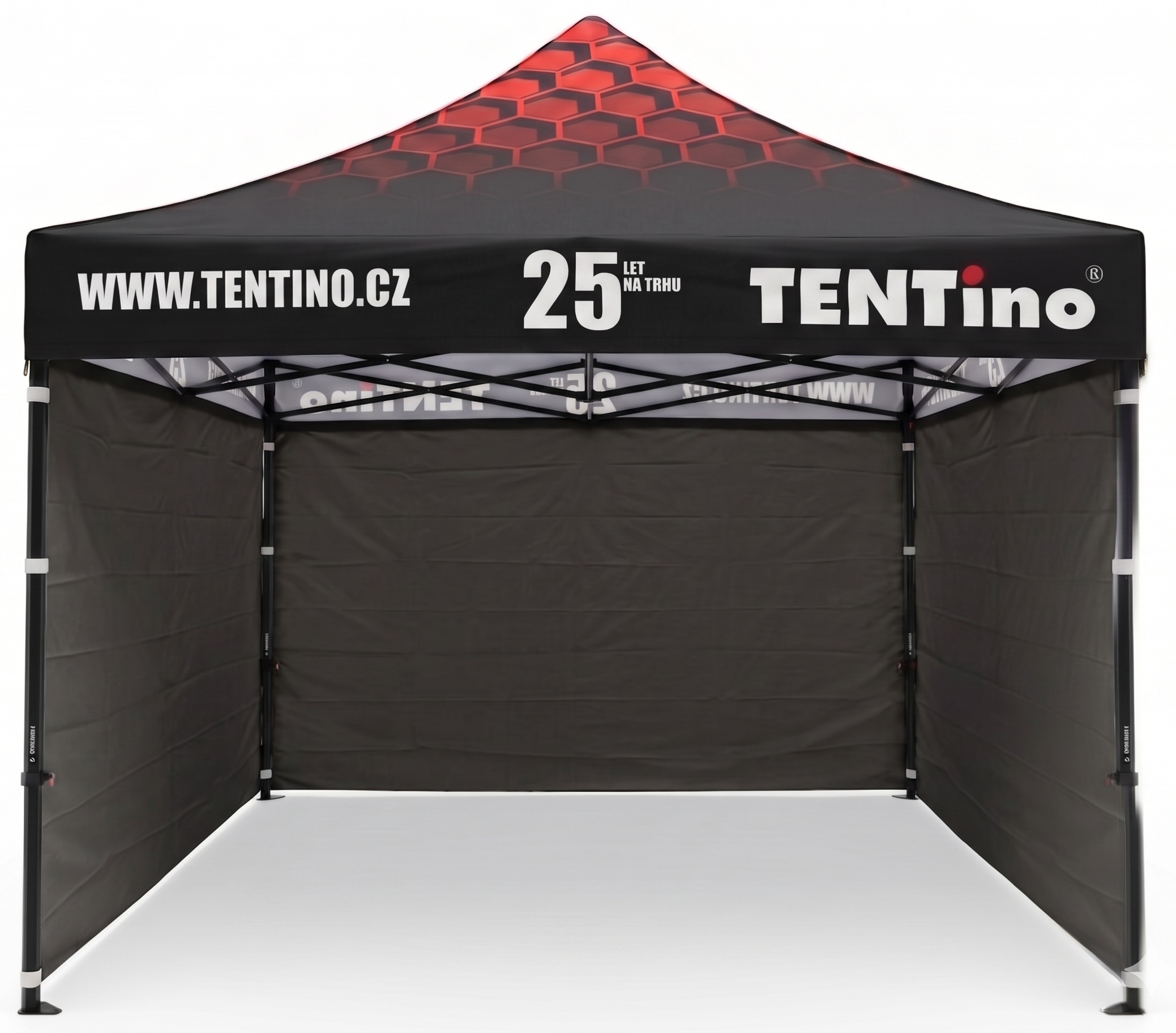 Nůžkový stan 3x3m STEEL HEXAGON – Limitovaná edice 25 let + potisk Barva opláštění (Zvolte variantu): 11A - ČERNÁ, Počet bočních plachet: konstrukce + střecha + 1x boční strana