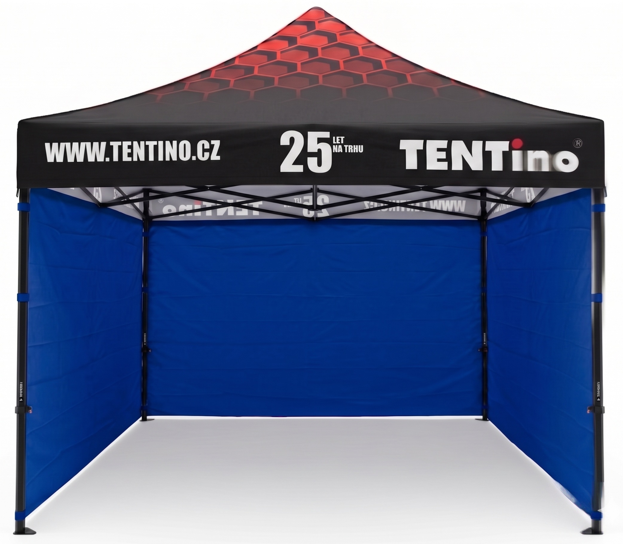 Nůžkový stan 3x3m STEEL HEXAGON – Limitovaná edice 25 let + potisk Barva opláštění (Zvolte variantu): 8A - MODRÁ, Počet bočních plachet: konstrukce + střecha + 1x boční strana