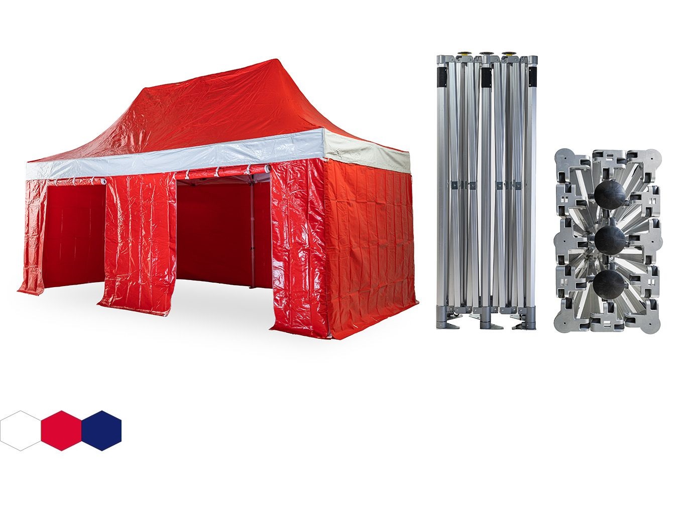 Nůžkový párty stan 3x6 m TENTino BH EXTREME PVC EXTRA HIGH ROOF Barva opláštění: 7A - ČERVENÁ (VOLÁNY BÍLÉ)