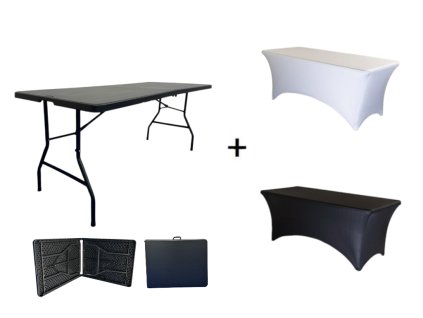 180 cm-es fekete amerikai összecsukható vendéglátóipari asztal ingyenes terítővel